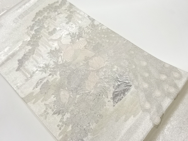 JAPANESE KIMONO / VINTAGE FUKURO OBI / PLATINUM FOIL / WOVEN FLOWER & PINE